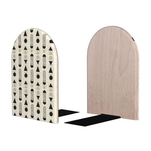 Scandinavian Geometric Shapes (1) Print Wooden Bookends,1 Pair Book Ends,Book Organizer for Office Desk, Home and School