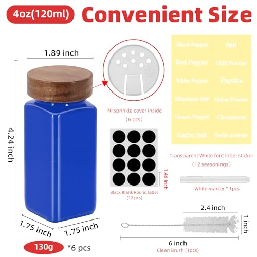 6Pcs 4 oz Square Glass Spice Jars with Label, Empty Spice Containers with Wooden Lids, Square Seasoning Containers and Supplement Set, Small Seasoning Bottles for Salt, Sugar, Pepper (Blue) - color: Blue
