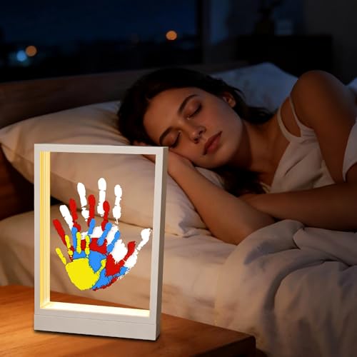 CHERRY CHEERS Family Handprint Kit with Light, Handprint Keepsake Frame, Wooden Led Light, Easy Install, No Need Screw etc, Non-Toxic Paints (White) - color: White