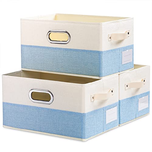 Large Fodable Storage Baskets for Closet [3-pack] Decorative Fabric Storage Bins Cubes with Leather/Metal Handles for Shelves Bedroom Living Room Blue&Cream (14.9x9.8x8.3 Inch) - color: Blue&Cream, size: Large(3-Pack)