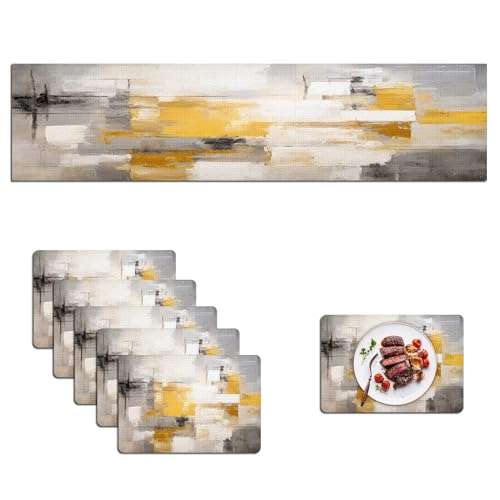 Mcalk Yellow Table Runner and Placemats Set of 6, Abstract Grey Placemats, Modern Cloth Place Mats Indoor for Kitchen,Washable Linen Material for Dining Table - color: 01yellow1