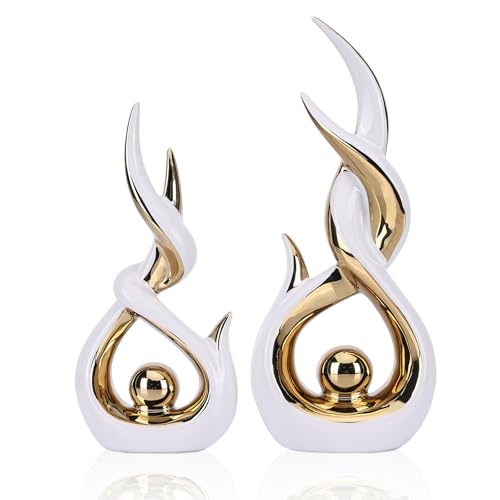 DOVDOV White and Gold Ceramic Abstract Sculpture Set of 2, Mid-Century Modern Statues for Living Room Decor, Tabletop Accents for Coffee Table, TV Stand, Mantel, and Entryway Console. - color: Wg