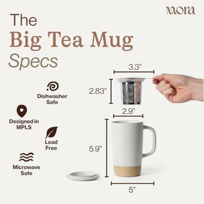 Mora Ceramics Large Tea Mug with Loose Leaf Infuser and Ceramic Lid, 18 oz, Portable, Microwave, Dishwasher Safe, Tall Coffee Cup - Rustic Matte Ceramic Glaze, Modern Herbal Tea Strainer, Dawn - color: Dawn