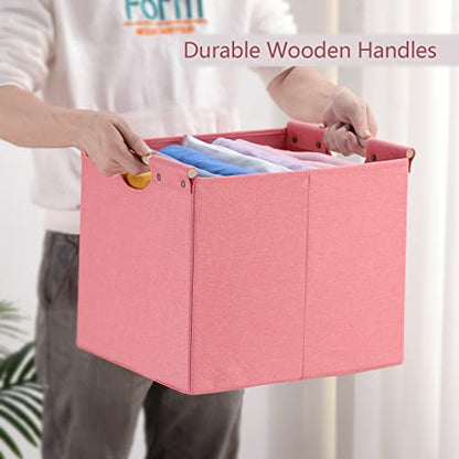 HOONEX Large Foldable Storage Bins, Linen Fabric, Pack of 2, Storage Baskets with Wooden Carry Handles and Sturdy Heavy Cardboard, for Home, Office, Car, Nursery, Pink - color: Pink