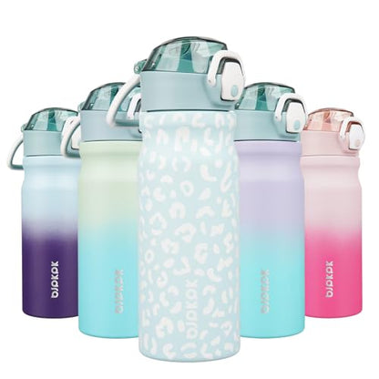 BJPKPK 18 oz Water Bottle with Straw & Handle, Insulated Stainless Flask | Leak Proof Locking Lid, Thermal, Double Wall Vacuum, Metal, Keeps Hot/Cold, BPA Free, Travel & Sports, Light Blue Leopard - color: A-Light Blue Leopard, size: 18 Ounces