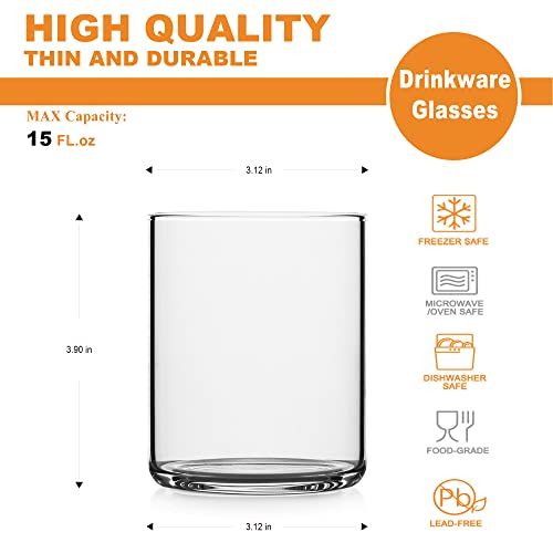 LUXU Drinking Glasses 15 oz,4pc Thin Highball Glass,Clear Short Beer Glass | Lead-Free Glassware,Clear Everyday Drinkware,Water Glasses,Mojito Glass Cups,Bar Glassware,and Mixed Drink Cocktail Glass Set - style: 15 OZ highball glass