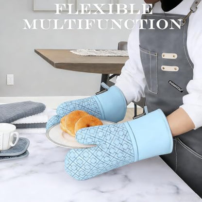 Oven Mitts and Pot Holders Sets 6pcs, Kitchen Oven Glove,High Heat Resistant 550 Degree Extra Long Oven Mitts and Potholders with Non-Slip Silicone Surface for Home Essentials (Grey) (Fog Blue) - color: Fog Blue