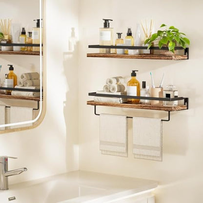 Amada Bathroom Shelves with Towel Bar, Set of 2, Rustic Brown | Floating Shelves with Detachable Towel Bar, Protective Metal Guards, Paulownia Wood, Bathroom, Living Room & Kitchen Storage - color: Rustic Brown
