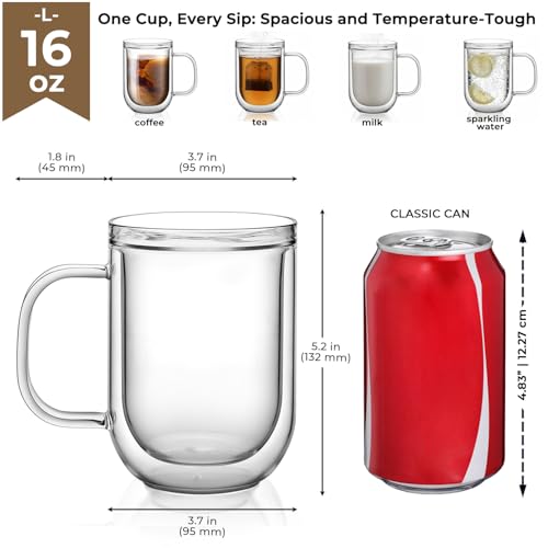 Aquach 16oz Double Walled Glass Coffee Mugs Set of 2, Insulated Teacups | Dishwasher/Microwave Safe, Borosilicate Glass, Double-walled, Smooth Rim, Comfort Handle, Sweat-proof Grip