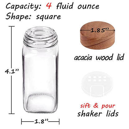 Churboro 36 Pack 4oz Glass Spice Jars with 547 Labels, Acacia Wood Lids | Empty Square Spice Bottles with Acacia Wood lids, Labels, Funnel & Chalk Pen. Keep Seasoning Containers Neat and Organized