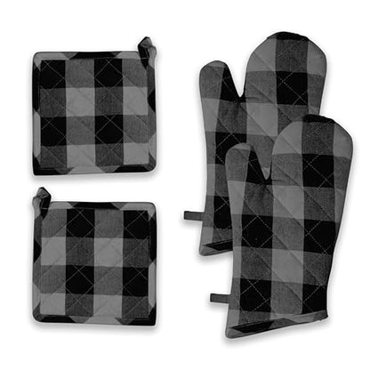 Buffalo Plaid Check Oven Mitts and Pot Holders Set, 100% Cotton, Heat Resistant, 2 Oven Gloves (7x13 Inches) & 2 Hot Pads (8x8 Inches) for Cooking and Baking, Light Grey & Black White - color: Light Grey & Black, Buffalo Plaid