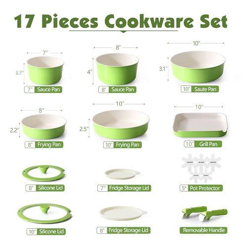 SENSARTE 17 Piece Ceramic Detachable Handle Pots and Pans Set Green | Ceramic Cookware Set, Induction Cookware Set with Removable Handle, Healthy Non Stick for RV, Dishwasher ＆ Oven Safe - color: Green, size: 17 Piece
