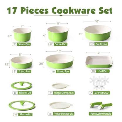 SENSARTE 17 Piece Ceramic Detachable Handle Pots and Pans Set Green | Ceramic Cookware Set, Induction Cookware Set with Removable Handle, Healthy Non Stick for RV, Dishwasher ＆ Oven Safe - color: Green, size: 17 Piece