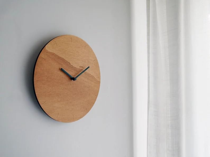 Minimalist Wooden Wall Clock, Modern Round Silent Non-Ticking Clock, Natural Wood Decorative Clock for Living Room Bedroom Office, 12 Inch