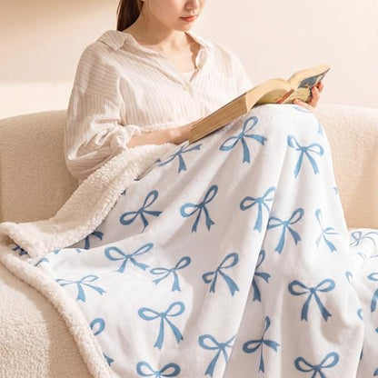 Tegeme Blue Bow Throw Blanket Sherpa Fleece Preppy Coquette Flannel Bow Blanket for Teen Girls Room Back to School Gift White Plush 50" x 60" Aesthetic Soft Bedding for College Dorm Bed Sofa Couch - color: Blue
