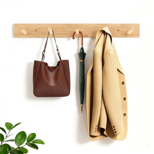 2-Pack 15" Heavy Duty Wooden Coat Rack, Wall Mount with 5 Hooks | Natural bamboo. 5 hooks for coats, hats, bags & towels. For entryway, bedroom & doors. Holds 20lb. Hardware included.