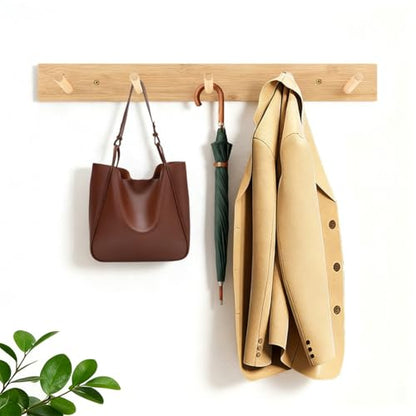 2-Pack 15" Heavy Duty Wooden Coat Rack, Wall Mount with 5 Hooks | Natural bamboo. 5 hooks for coats, hats, bags & towels. For entryway, bedroom & doors. Holds 20lb. Hardware included.