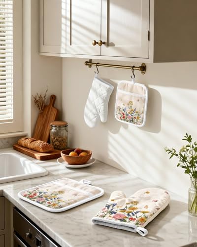 Miss Adola Cotton Oven Mitts and Pot Holders Sets, Meadow Bliss | Heat-resistant up to 350°F, Pure Cotton, Quilted Contact Surface, Stylish Design, with Hanging Loop, Ready to Gift Package - color: Meadow Bliss