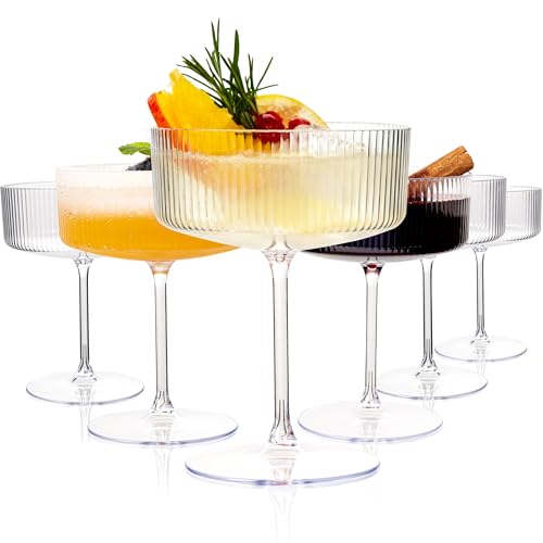 Ciaell 12 Pack Plastic Martini Glasses for Bars Parties | 10 oz Ribbed Coupe Cups, Heavy Duty Plastic, Cocktails Whiskey Margaritas Espresso Martinis for Weddings Outdoor Dinners - color: Clear