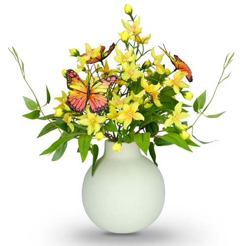 HOSY Freesia Bouquet in Ivory Ceramic Vase, Artificial Flower Arrangements | Silk Flower & Butterfly, Table Centerpiece Decoration, Display Size 10" High & 13.5" Wide, No Upkeep