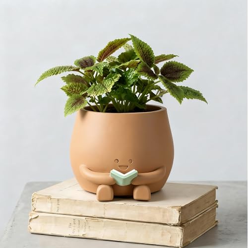ZSHAWN Smiley Face Planter, Book Lover Plant Pot, Resin Bookworm Planter with Drainage Hole Plug, Cute Reading Succulent Pot Happy Face Indoor Desk Bookshelf Home Decor Peach Color - color: Peach