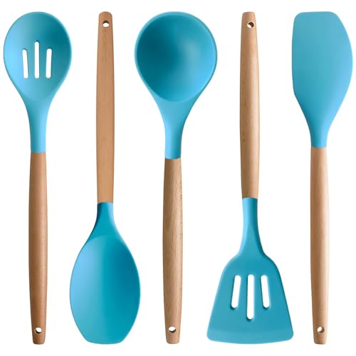 Silicone Kitchen Cooking Utensils Set, 5-Piece Non-Stick Silicone Kitchen Utensils Spatula Serving Spoons Turner Ladle Set w Wooden Handle Heat Resistant Cooking Gadgets for Nonstick Cookware - color: Light Blue, size: Standard 5-Piece Set