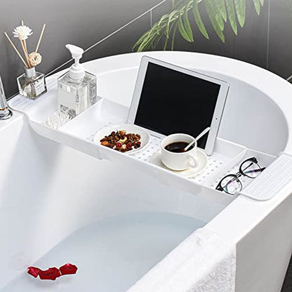 Bathtub Caddy Tray, Expandable Bath Tray for Bathtubs Plastic Shower and Bath Shelf Caddy Adjustable Bath Tub Table Caddy Pad Holder Shampoo Soap Storage Bathroom Accessories Dish Drainer(White)