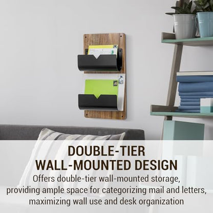 MyGift 2-Tier Wall Mounted Mail Holder, Matte Black Metal and Premium Acacia Wood Backboard Mail and Letter Organizer