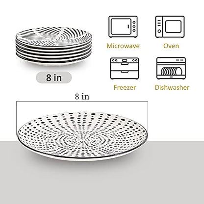 Ceramic Dessert Plates 8 Inch - Salad Appetizer Plate Set of 6 - Modern Japanese Style - Dishwasher and Microwave Safe - Black and White - size: 8 inch