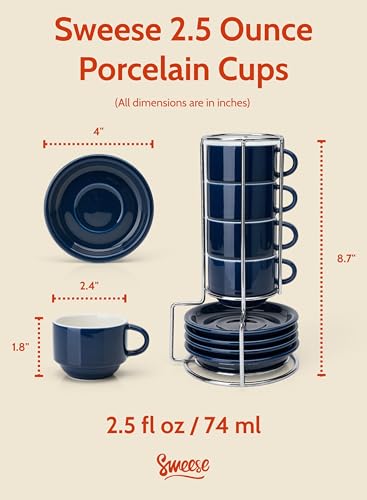 Sweese 2.5 Ounce Porcelain Stackable Espresso Cups with Saucers and Metal Stand Set of 4, Navy - color: Navy, size: 2.5 Ounces