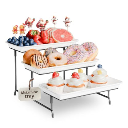Bumusty 3-Tier Melamine Serving Tray Set, 11.5 x 5.6 in, Black Stand | Melamine Reusable Platters with Metal Display Stand for Cupcakes, Desserts, Fruit, Cookies, Parties, Birthdays and Holidays - color: Black, size: 11.8" x 5.7"