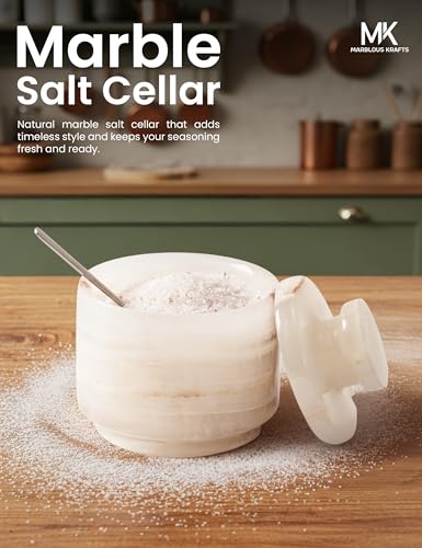 3" Marble Salt Cellar with Lid & Spoon White Onyx Flaky Salt Box, Sugar Jar, and Spice Storage Container for Kitchen Countertop, Ideal Gift for New Home - color: White Onyx