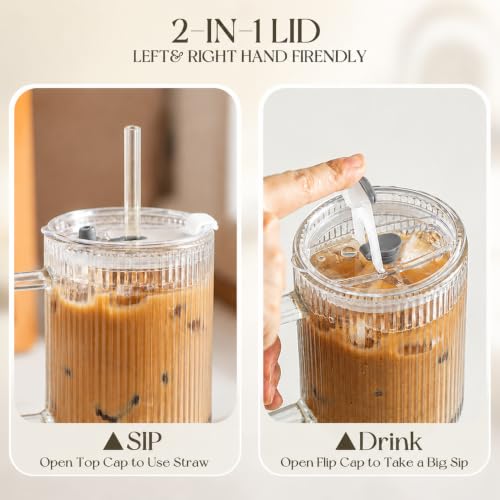 KEMORELA 24oz Ribbed Glass Cups with Lids and Straws,Glass Tumbler with Handle,2 set–Reusable Glass Ice Coffee Cups with Lid and Straw for Smoothies,Tea,Juice,Boba Cup for Cold & Hot Drinks,Travel Cup