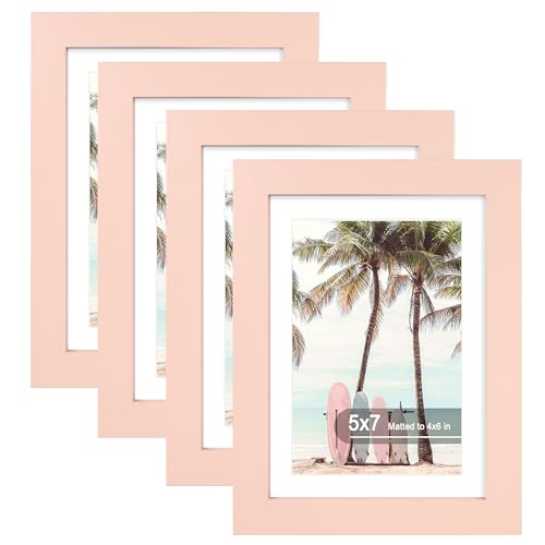 Hongkee 5x7 Picture Frame (4 Pack, Pink) Made of Real Glass and Wooden Frame - Display Pictures 4x6 with Mat or 5x7 Without Mat, 5 by 7 Photo Frames TableTop Display and Wall Mounting - color: Pink, size: 5x7 in