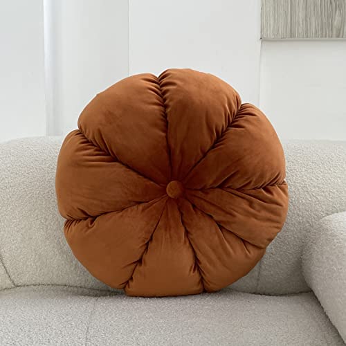 MOJUN Round Velvet Pillow Pumpkin Pleated Cushion Throw Pillow Home Decorative for Couch Chair Bed Car (Dark Orange, 17.7 inch) - color: Dark Orange