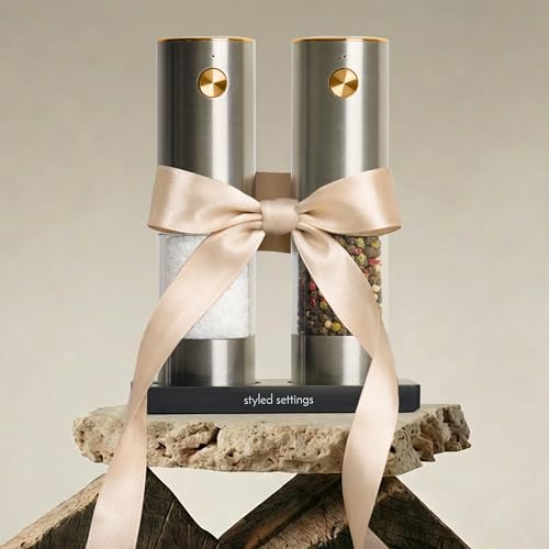 Styled Settings Electric Salt and Pepper Grinder Set Rechargeable, Silver | Electric Salt and Pepper Shaker Set with USB-C Port, LED Light, Adjustable Coarseness, One Touch Control, Automatic Grinder - color: Silver