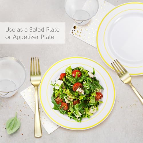 Gold Dessert Plates Set, 100 Wedding Plates Forks Cups and Napkins, 7.5 In | Sturdy plastic, cake service, appetizer tables, salad course, weddings, birthdays, easy cleanup - color: Gold, style: Plates,Forks,Napkins and Cups