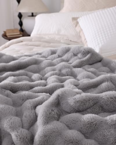 Ultra Soft Cozy Faux Fur Throw Blanket, Fuzzy Plush Thick Bubble Blanket, Oversize Luxury Fluffy Blanket for Couch, Bed, and Living Room, 50x60 Inches, Light Grey - color: Bubble Light Grey, size: Throw