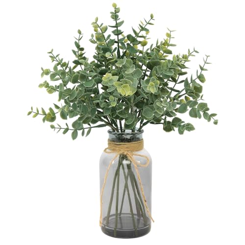 Coferset Fake Eucalyptus Stems in Glass Vase with Faux Water,Gray Vase | 14" Fake Eucalyptus Plants Greenery Plants Decorations for Home Bathroom Shelf Office Desk Farmhouse Coffee Table Centerpiece - color: Green-gray Vase