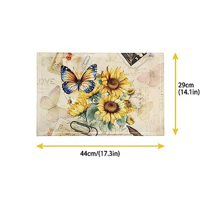 Durable Placemats Set of 4, Dining Table Woven Vinyl PVC Placemat Wipeable Easy to Clean Oil-Proof Non-Slip Tablemats for Kitchen, Butterfly Sunflower Retro - color: Butterfly Sunflower Retro, size: Set of 4