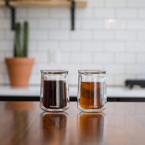 ovalware Double Wall Single Lip Insulated Glass Cup, Set of 2 (12oz / 350ml) - Borosilicate Glass For Coffee, Tea, Whiskey, Cocktails & All Beverages - Minimalistic & Durable Double-Wall Drinking Mug - size: 11.8 Ounces
