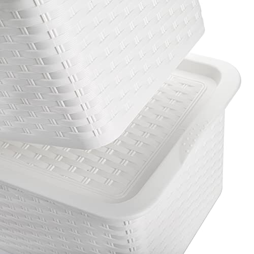 Dicunoy 4 Pack Lidded Storage Bins with Lids, White Stackable Storage Baskets for Shelf, Plastic Pantry Organizer with Handle for Home, RV, Lockers, Classrooms, School, Toys, 11" x 7" x 5"
