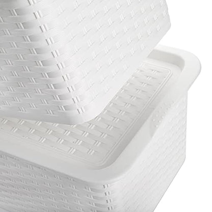 Dicunoy 4 Pack Lidded Storage Bins with Lids, White Stackable Storage Baskets for Shelf, Plastic Pantry Organizer with Handle for Home, RV, Lockers, Classrooms, School, Toys, 11" x 7" x 5"
