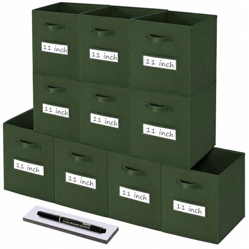 Storage Bins,11" Cube Storage Bin with Labels,10pcs,Dark Green | Fabric Storage Cubes for Shelves,11 Inch storage cube bins with 10 Labels Window Cards & a Pen. - color: Dark Green, size: 11"