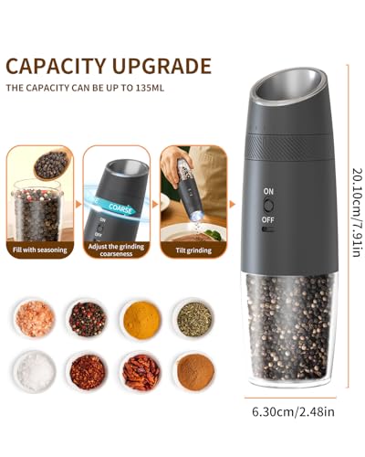 CIRCLE JOY Gravity Electric Salt and Pepper Grinder Set Rechargeable Automatic Pepper and Salt Shakers with LED Light, External Adjustable Coarseness, One-Hand Operation for Salt & Spices - color: Black Pro, size: KYMQ + Rechargeable