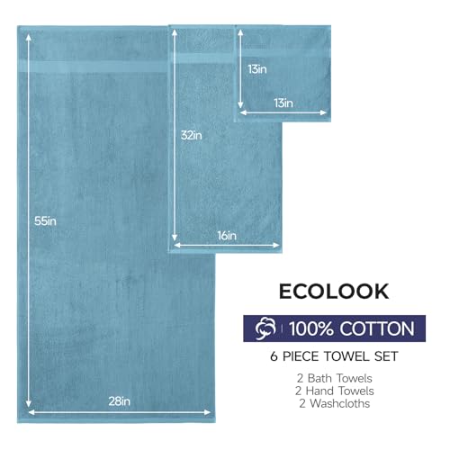 ecolook Ultra Soft 6-Piece Towel Set, 100% Cotton | Lighter Weight, Quick Dry, Highly Absorbent, 2 Bath, 2 Hand, 2 Washcloths, Perfect for Bathroom, Blue - color: Blue