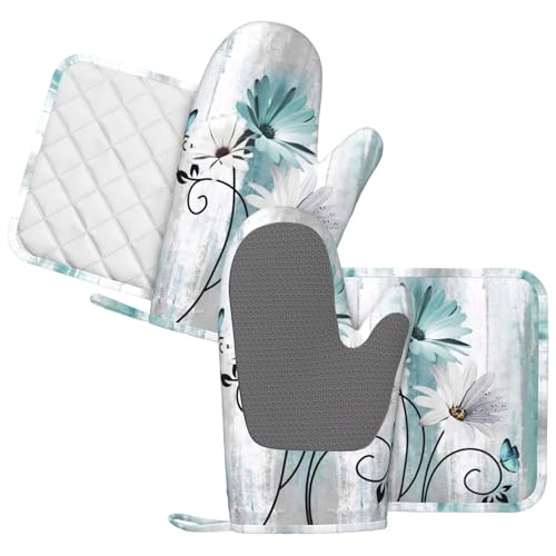 Teal Daisy Oven Mitts Pot Holders Set Silicone Heat Resistant Farm Teal Daisy Floral Flowers and Butterfly Oven Mitts and Hot Pads Potholders Non-Slip Oven Gloves for BBQ - color: Teal