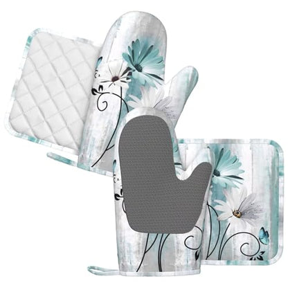 Teal Daisy Oven Mitts Pot Holders Set Silicone Heat Resistant Farm Teal Daisy Floral Flowers and Butterfly Oven Mitts and Hot Pads Potholders Non-Slip Oven Gloves for BBQ - color: Teal