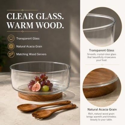 OMISTAR 3.8 Qt Glass Salad Bowl Set with Acacia Wood Base and Salad Servers | Dishwasher-safe for easy cleanup; made for pasta, fruit, trifle and generous sides at family dinners, potlucks and holidays