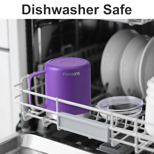 SUNWILL Insulated Coffee Mug with Lid, Travel Tumbler with Handle, 14 oz Stainless Steel Cup for Camping, Office, Home, Powder Coated Purple - color: Powder Coated Purple
